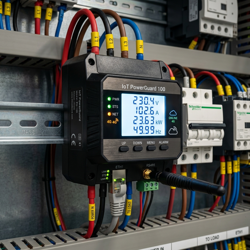Studio photography shot of the VOLTAOT X1 industrial DIN-rail energy monitoring hardware device